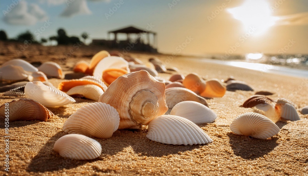 Seashells scattered on sandy beach	