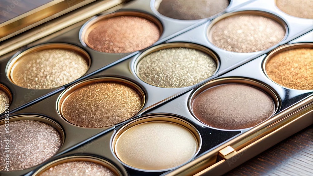 Eye shadow palette with shiny pearl finish in natural colors such as gold, silver, and bronze, eye shadow, shiny