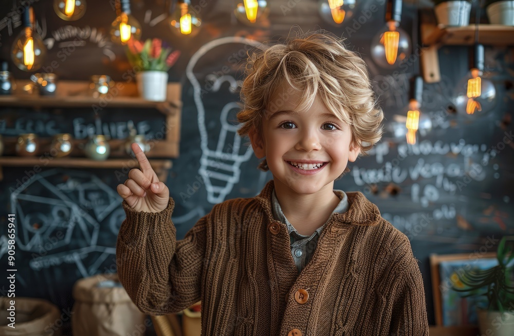 Portrait of cheerful happy blond kid boy gesticulating idea sign during his extra additional classes, educational activities over background of blackboard with chalked light bulb and shelves