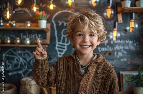 Obraz na płótnie Portrait of cheerful happy blond kid boy gesticulating idea sign during his extra additional classes, educational activities over background of blackboard with chalked light bulb and shelves w salonie
