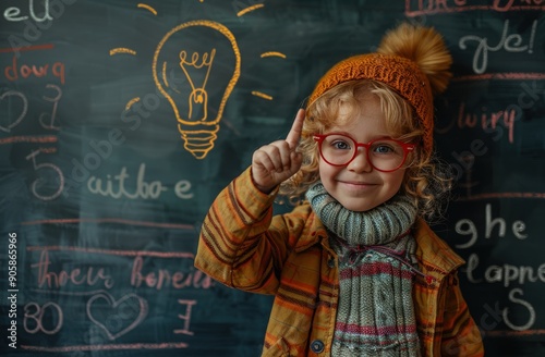 Portrait of cheerful happy blond kid boy gesticulating idea sign during his extra additional classes, educational activities over background of blackboard with chalked light bulb