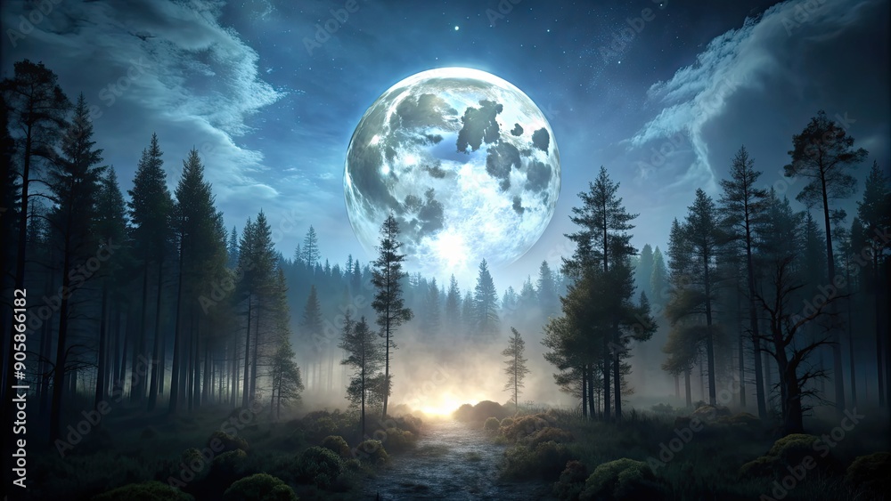 Spooky full moon casting eerie light over dark forest at night, full moon, spooky, forest, night, dark, illuminates Spooky full moon casting eerie light over dark forest at night, full moon, spooky, forest, night, dark, illuminates