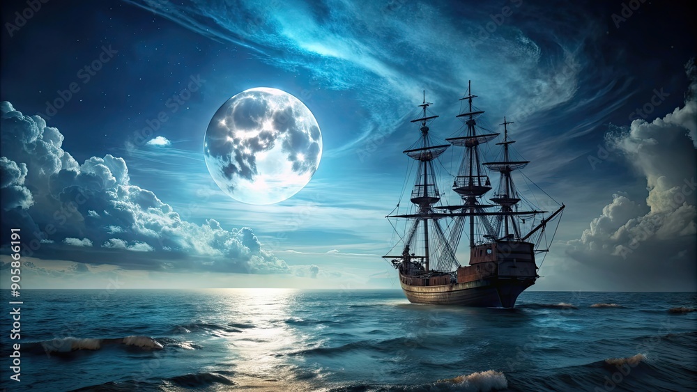 Mysterious pirate ship sails across a moonlit ocean at night, pirate, ship, moonlit, ocean, voyage, mysterious, night, adventure Mysterious pirate ship sails across a moonlit ocean at night, pirate, ship, moonlit, ocean, voyage, mysterious, night, adventure
