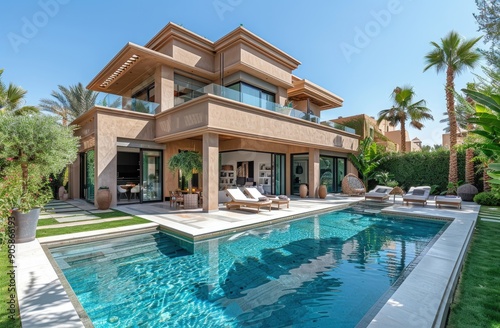 Private residence, villa, house with swimming pool and lounge chairs and palm trees