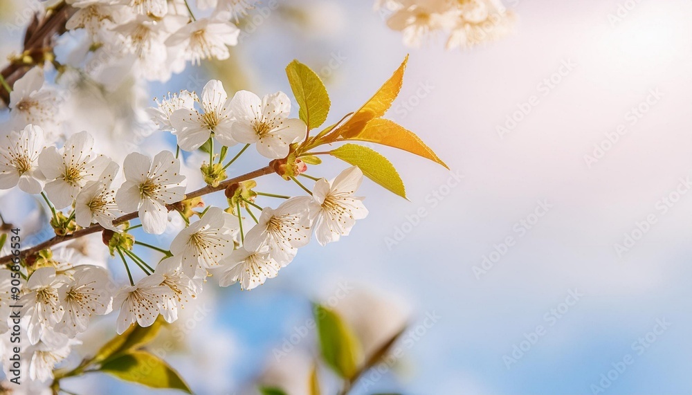 Branches of blossoming cherry macro with soft focus on gentle light blue sky background in sunlight with copy space. Branches of blossoming cherry macro with soft focus on gentle light blue sky background in sunlight with copy space.