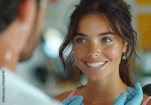 Portrait of cheerful smiling curly brunette young woman talking with doctor in medical gloves during regular medical check-up photo