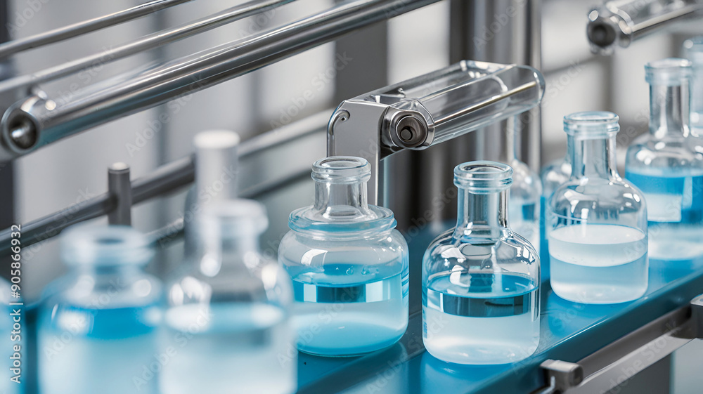 Medical vials on production line at pharmaceutical factory, pharmaceutical machine glass views. Medical vials on production line at pharmaceutical factory, pharmaceutical machine glass views.