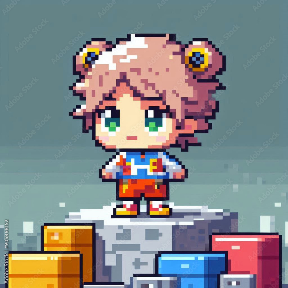 Fototapeta premium illustration of a game cartoon girl on a building