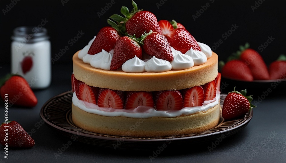An elaborate strawberry shortcake, layered with whipped cream and fresh strawberries, topped with a strawberry glaze, isolated on transparent background An elaborate strawberry shortcake, layered with whipped cream and fresh strawberries, topped with a strawberry glaze, isolated on transparent background