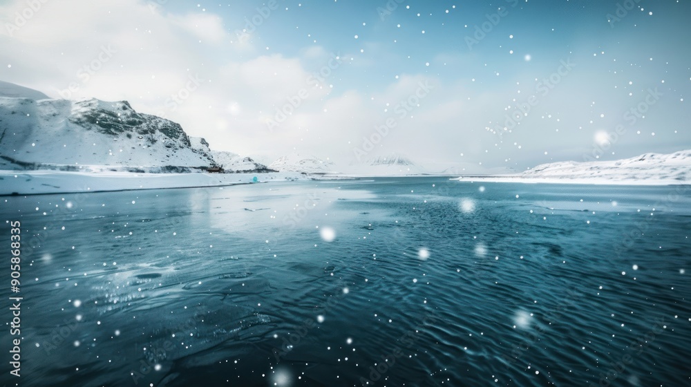 Fototapeta premium Frozen Lake Landscape with Snowfall.
