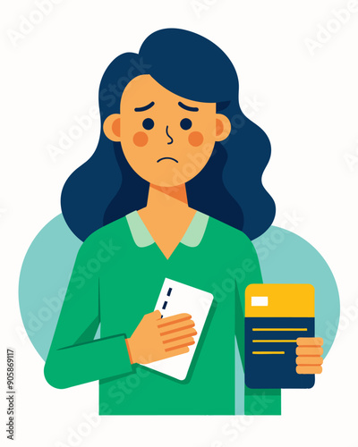 A woman holding her credit card statement worried about how she will pay off her debts in an uncertain economy.. Vector illustration