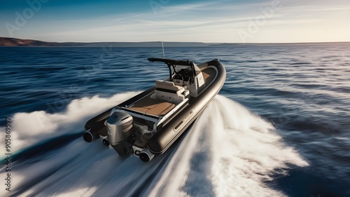 A luxurious rigid inflatable boat speeding across the sea with a powerful engine.