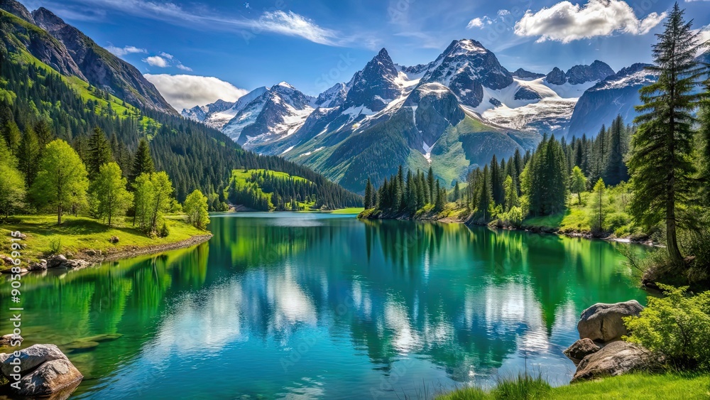 Landscape in the mountains with snow-capped peaks, lush greenery, and a crystal-clear lake , mountains, landscape, nature, snow-capped Landscape in the mountains with snow-capped peaks, lush greenery, and a crystal-clear lake , mountains, landscape, nature, snow-capped