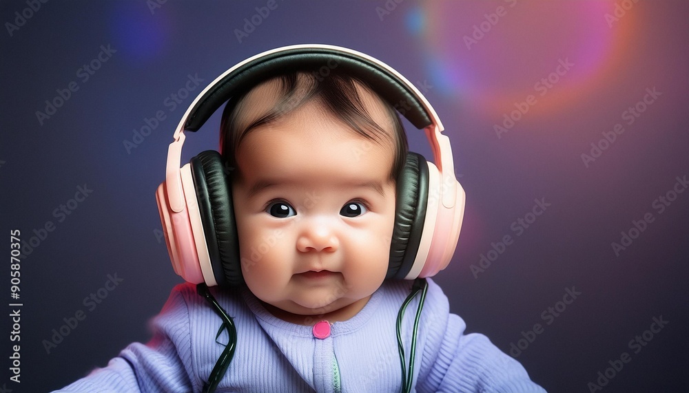 A baby in headphones poster with copy space A baby in headphones poster with copy space