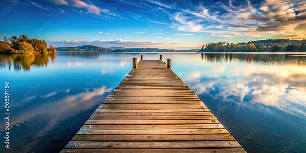 Obraz premium Wooden pier extending into calm lake, wooden, pier, lake, water, serene, peaceful, summer, relaxation, tranquil