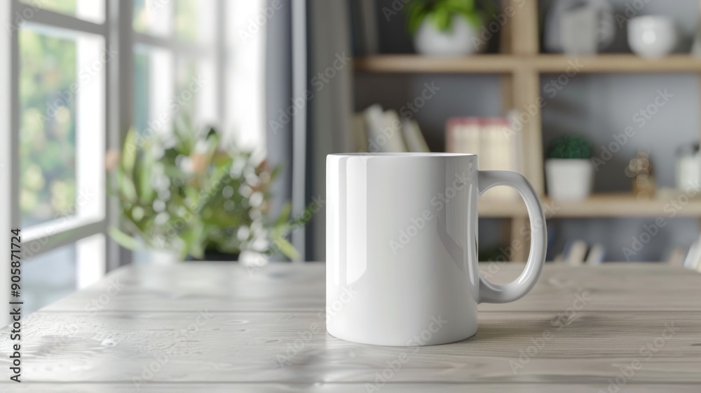 White Mug Mockup on Wooden Table with Blurred Background. White Mug Mockup on Wooden Table with Blurred Background.