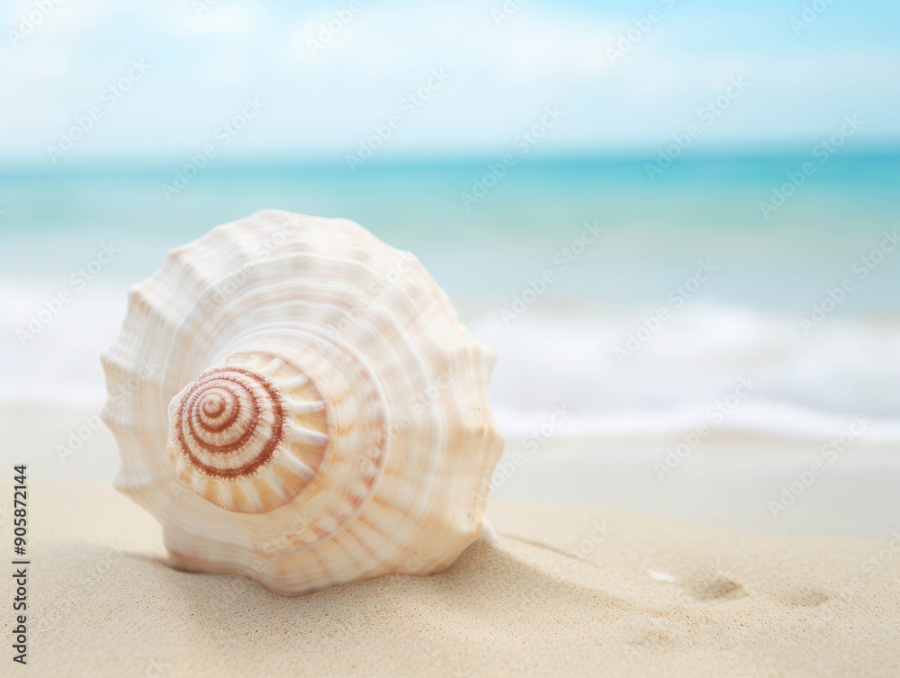 A Beautifully Striped Seashell Lying Serenely on the Soft Sandy Shore with Gentle Ocean Waves in the Background A Beautifully Striped Seashell Lying Serenely on the Soft Sandy Shore with Gentle Ocean Waves in the Background