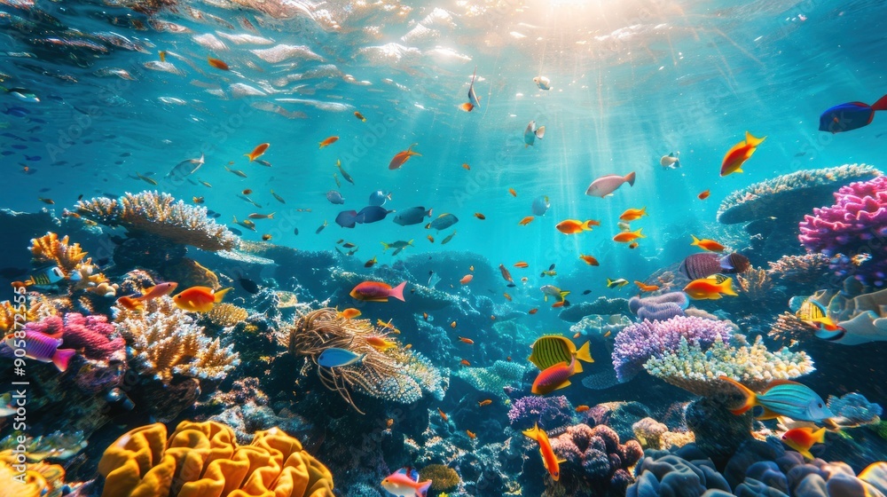 Naklejka premium Vibrant Coral Reef Underwater with Sun Rays.