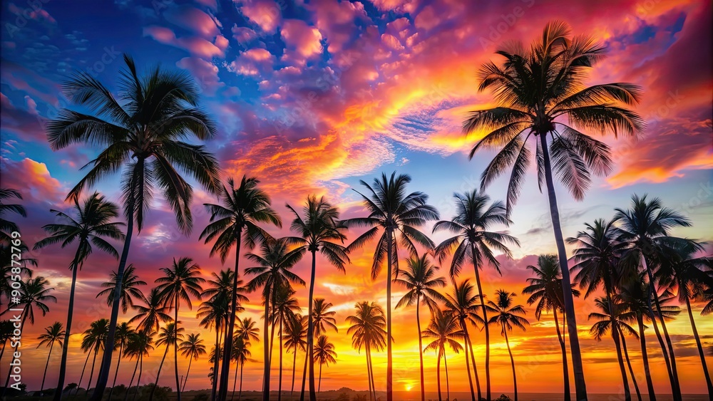 Tropical landscape with palm trees silhouetted against a vibrant sunset sky, palm trees, sunset, landscape, tropical, colorful Tropical landscape with palm trees silhouetted against a vibrant sunset sky, palm trees, sunset, landscape, tropical, colorful
