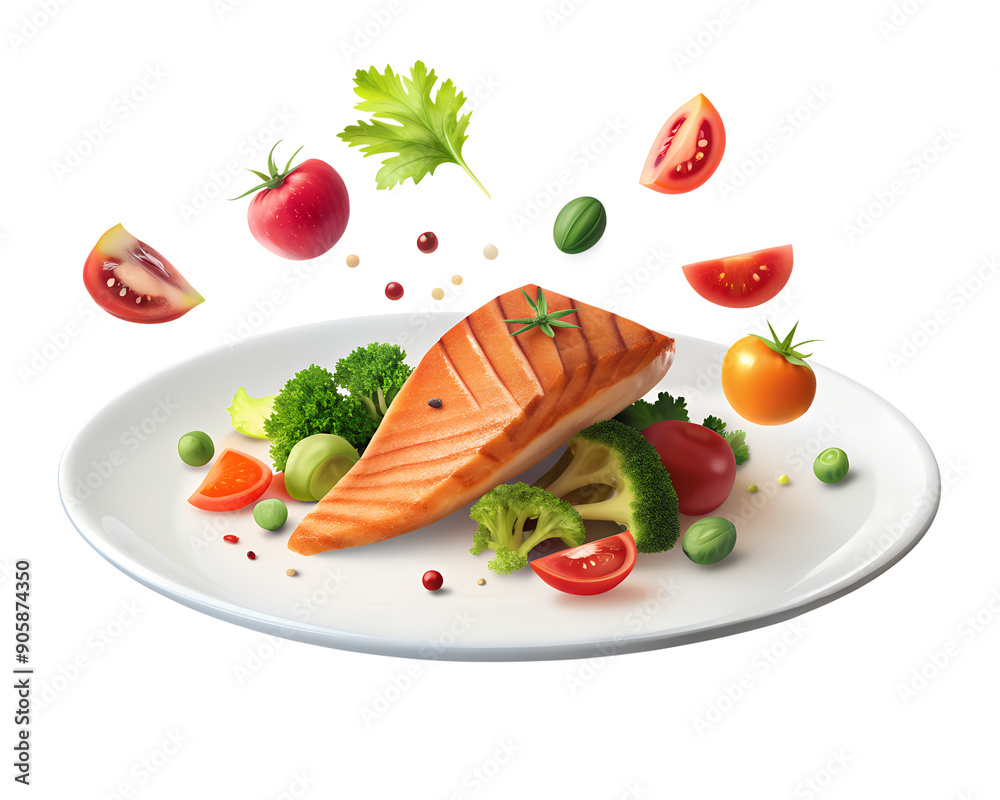 Floating Grilled Salmon and Fresh Vegetables on Transparent Background, Grilled Salmon and Fresh Vegetables Falling into Plate. Floating Grilled Salmon and Fresh Vegetables on Transparent Background, Grilled Salmon and Fresh Vegetables Falling into Plate.