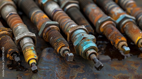 A series of spark plugs in different stages of wear and tear showing the effects of regular use. Some have darkened tips while others have chipped or broken electrodes. Each one tells
