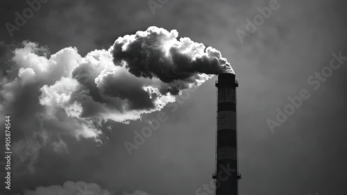 Industrial smokestack emitting dense smoke against dark sky, black and white photography. Environmental pollution and climate change concept