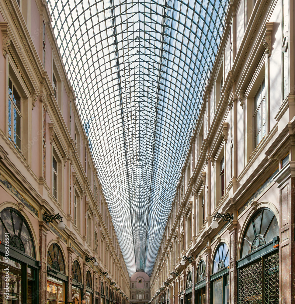 The inside view of an indoor shopping mall in Brussels, Belgium