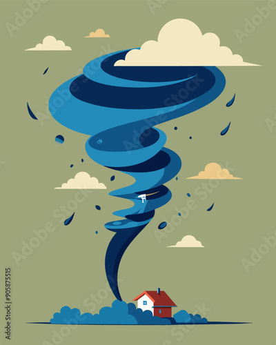 A tornado with a trail of commodities swirling around it denoting the destructive impact of sudden market changes.. Vector illustration