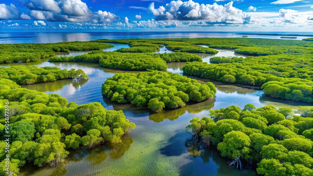 Aerial view of a lush mangrove ecosystem, showcasing the beauty and importance of these coastal habitats, mangrove Aerial view of a lush mangrove ecosystem, showcasing the beauty and importance of these coastal habitats, mangrove