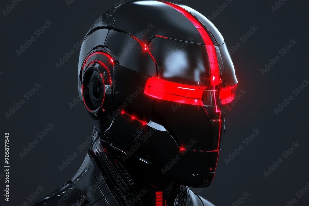 Advanced black cyborg head with red LED accents representing the intersection of military technology and futuristic design Advanced black cyborg head with red LED accents representing the intersection of military technology and futuristic design