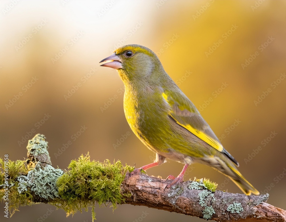 A vibrant european greenfinch chirps while perched on a gnarled, mossy branch, set against A vibrant european greenfinch chirps while perched on a gnarled, mossy branch, set against