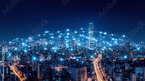 Wallpaper Mural City skyline at night with glowing digital network lines, representing modern technology and communication in urban environments. Torontodigital.ca