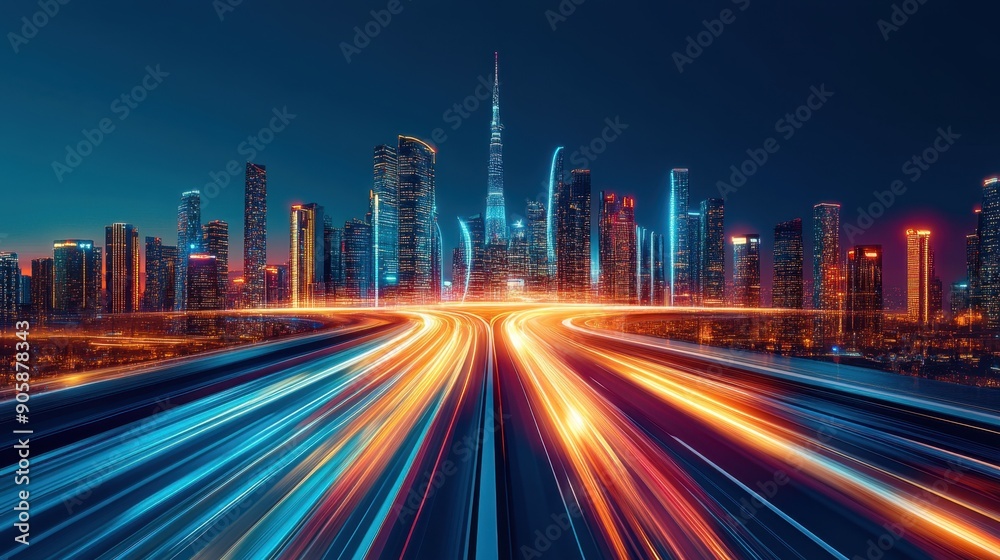 Fototapeta premium Modern cityscape at night with light trails on a highway, showcasing vibrant urban life and fast-paced energy in a dynamic environment.