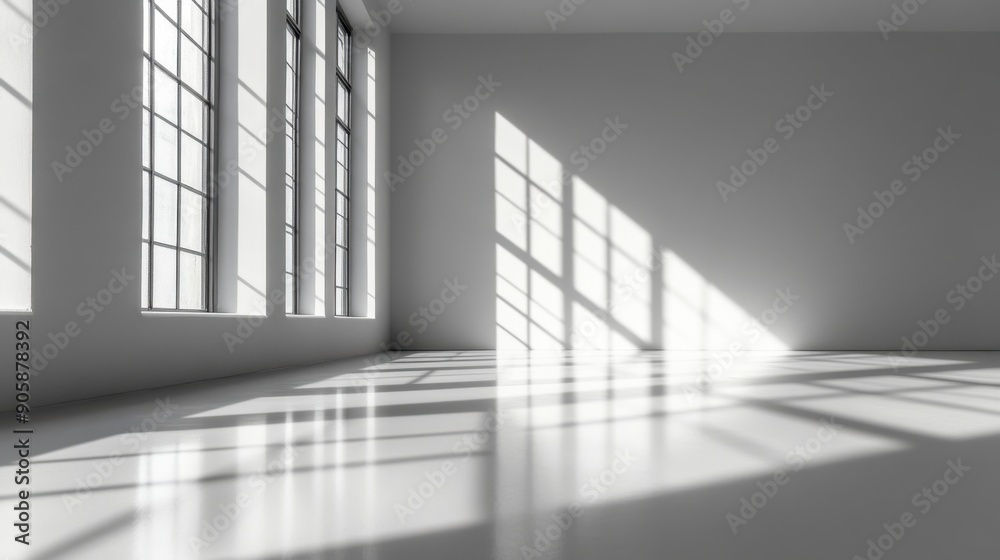 Obraz premium Sunlight streams through large, modern windows into an empty, white room creating geometric shadows on the floor in a minimalist interior design.