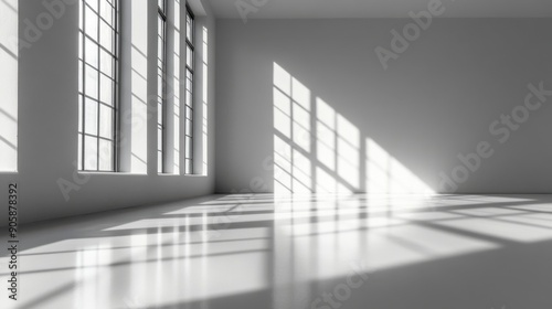 Sunlight streams through large, modern windows into an empty, white room creating geometric shadows on the floor in a minimalist interior design.