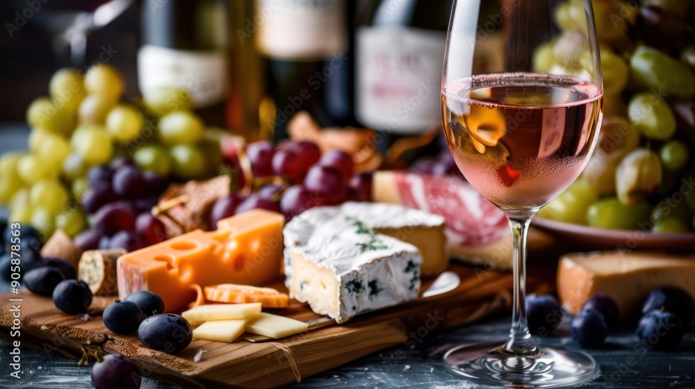 Glass of rose wine with cheese, grapes, and bread. Glass of rose wine with cheese, grapes, and bread.