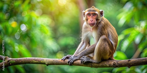 Macaque fascicularis sitting on a tree branch in its natural habitat , wildlife, animal, primate, long-tailed macaque