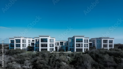 A newly-built modern block of flats, with a lush green landscape. 