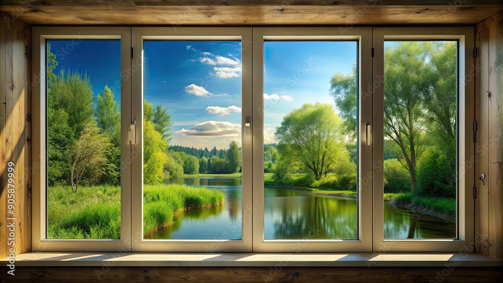 Fototapeta premium Tranquil nature view from window, landscape, nature, background, view, window, picturesque, serene, scenic, countryside