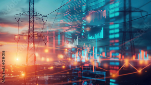 Power Lines over sunset while overlay with holographic financial graphs illustrating production volume increases, revenue growth, and profitability metric.