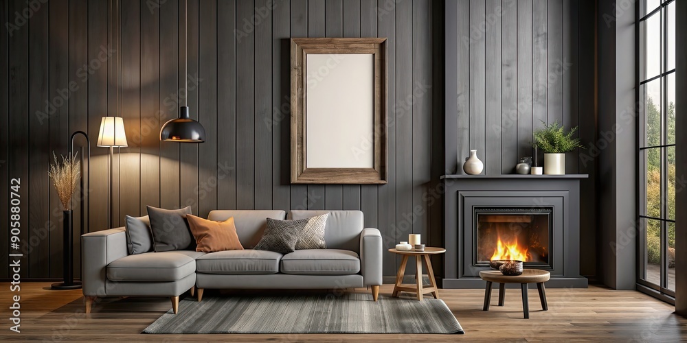 Fototapeta premium Empty vertical picture frame in farmhouse modern dark living room with sofa and fireplace, farmhouse, modern