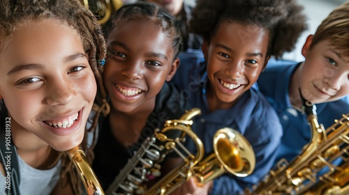 Young musicians smiling with instruments.