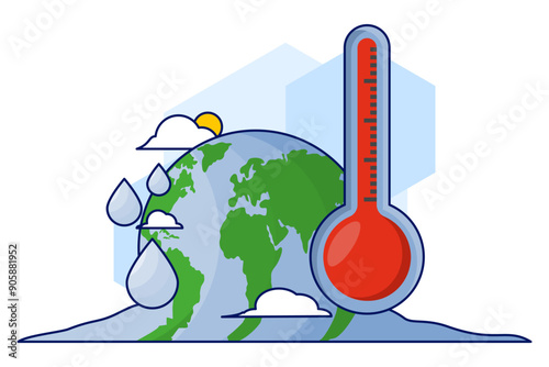 Global Warming Concept. Melting Ball and Thermometer. global warming environment. Climate change risks global greenhouse warming. greenhouse gas emissions, deforestation. Flat vector illustration.