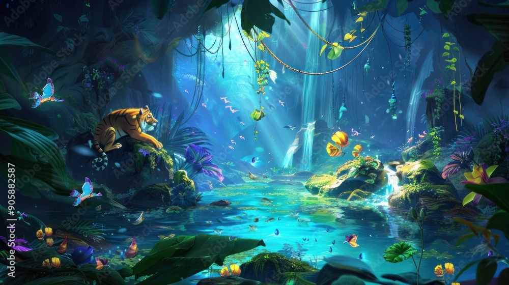 Fototapeta premium Tiger by the Waterfall in a Dreamlike Jungle.