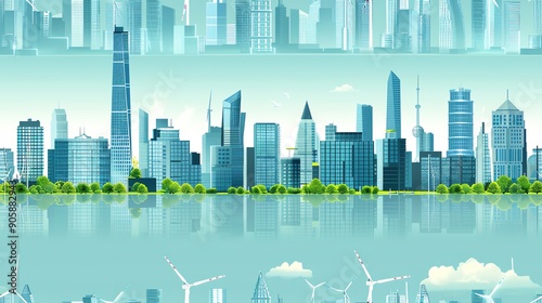 A modern city skyline featuring skyscrapers, greenery, and wind turbines, reflecting a sustainable urban landscape. photo