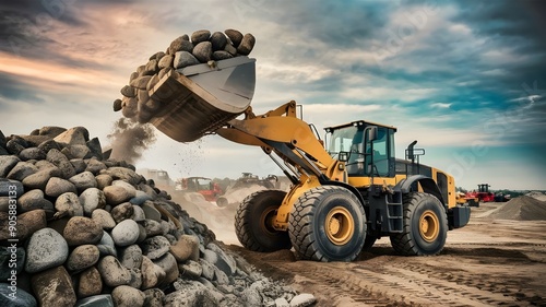 A front-end loader skilfully tipping a massive stone.