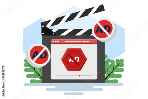 Video ad blocking concept, mobile ad blocker app to improve user experience. content consumption, mobile extensions for ad-free browsing, and internet privacy protection. blocks video ads.