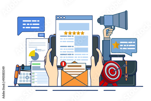Online reputation management concept, online review management for service feedback monitoring outline. Customer satisfaction research. business brand building. digital strategy marketing path.
