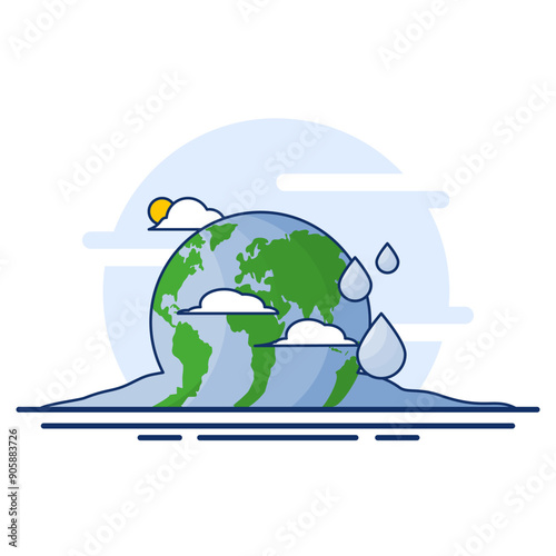 Global Warming Concept. Melting Ball and Thermometer. global warming environment. Climate change risks global greenhouse warming. greenhouse gas emissions, deforestation. Flat vector illustration.
