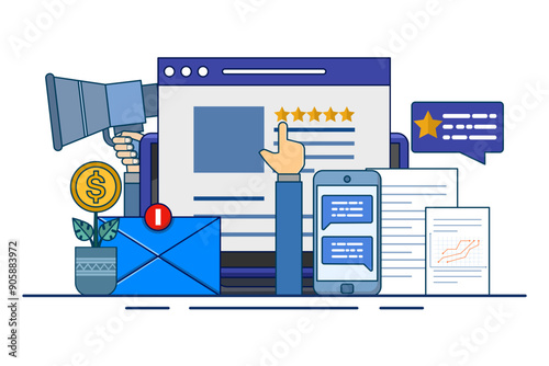 Online reputation management concept, online review management for service feedback monitoring outline. Customer satisfaction research. business brand building. digital strategy marketing path.